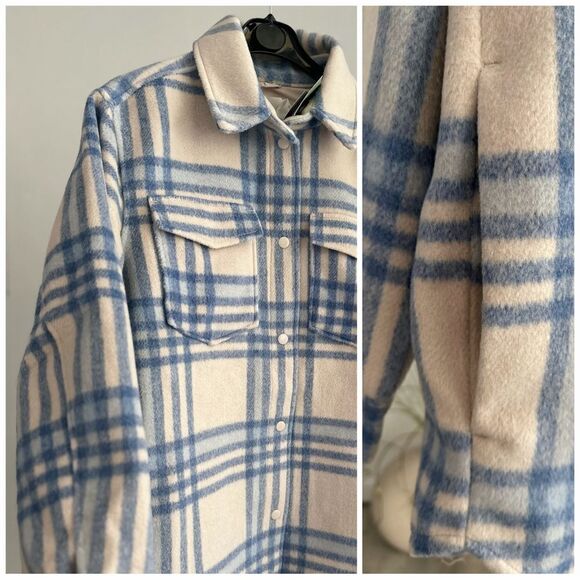 NWT H&M Plaid Shacket Jacket Beige Blue Side And Front Pockets Lined M L XL - Picture 2 of 4